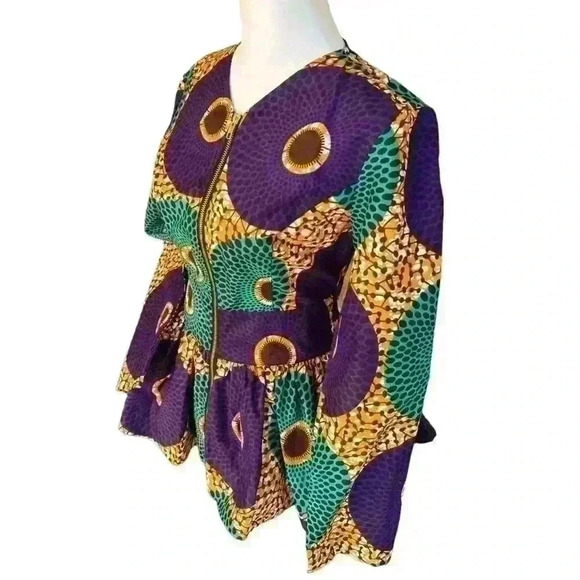 NWT Shenbolen African print dashiki cloth zip up long sleeve peplum blouse S - Picture 2 of 8